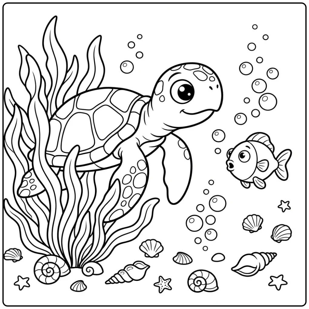 Speelse kleurplaat schildpad tussen zeewier en visjes.