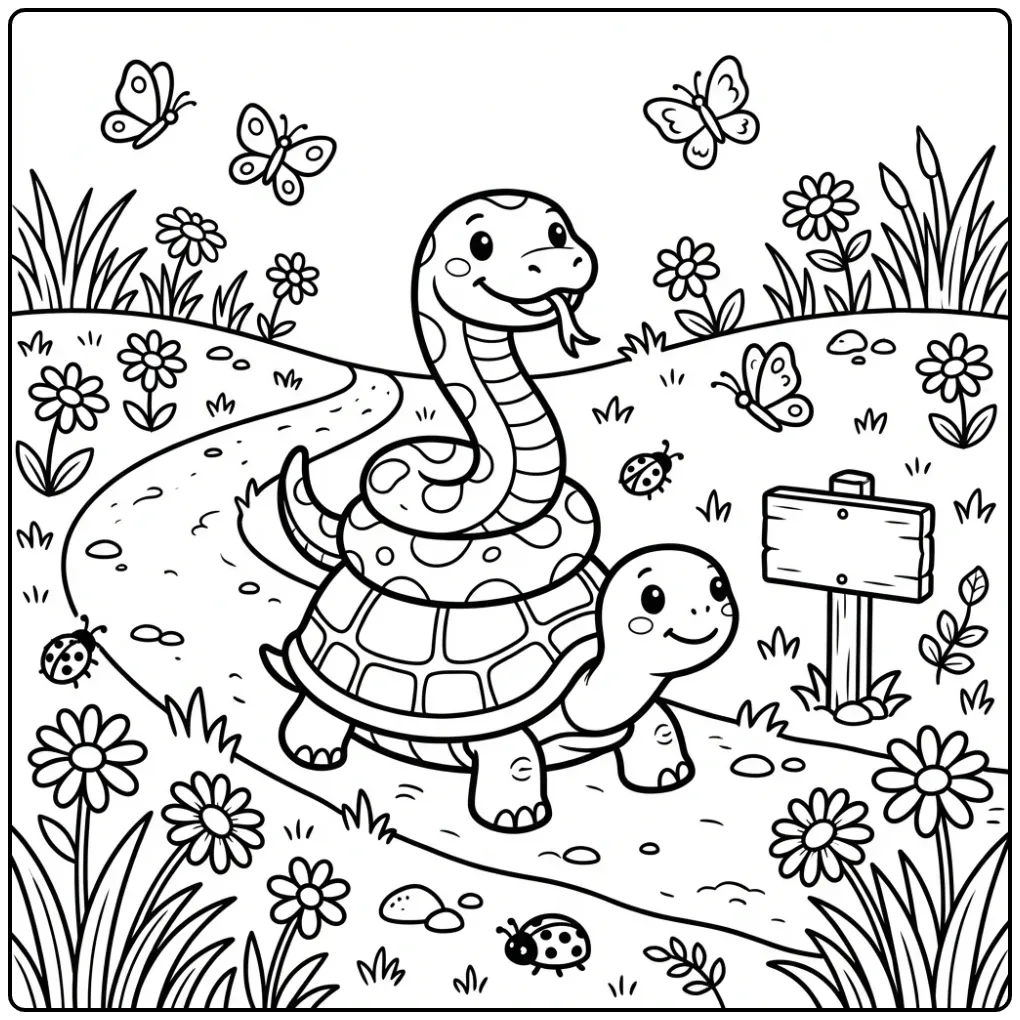 Schattige kleurplaat slang rijdend op een vrolijke schildpad.