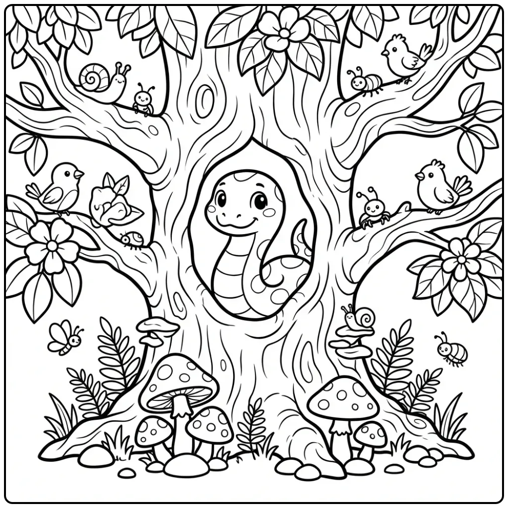 Leuke kleurplaat slang in boom die uit een holle stam kijkt.