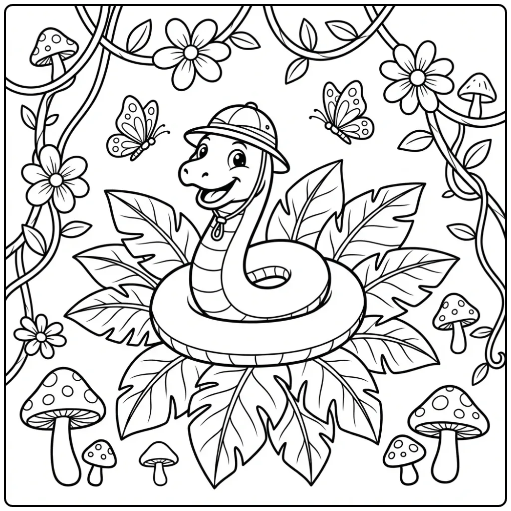 Schattige kleurplaat slang met hoedje op een plant.