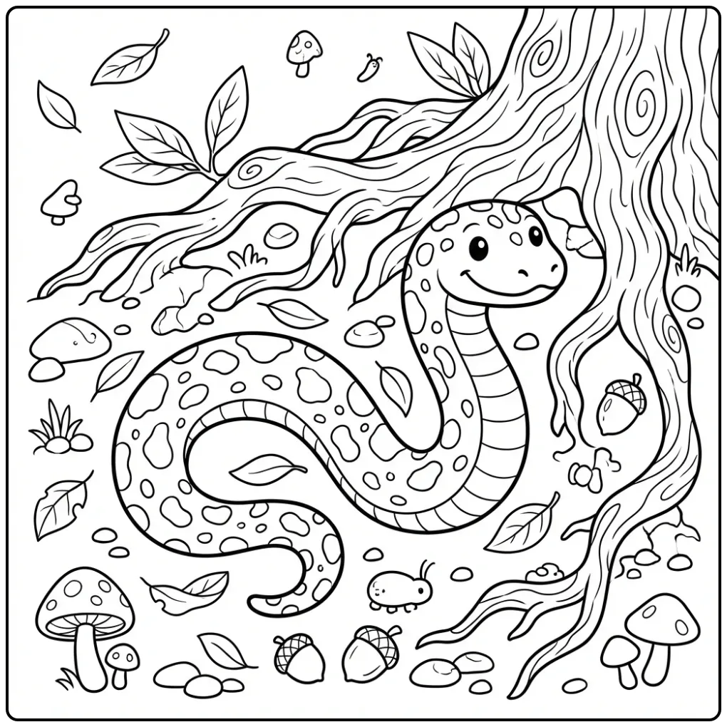 Schattige kleurplaat slang tussen olijfboomwortels.