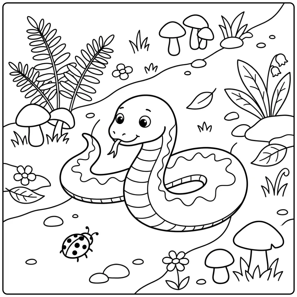 Schattige kleurplaat slang kijkt naar een lieveheersbeestje.