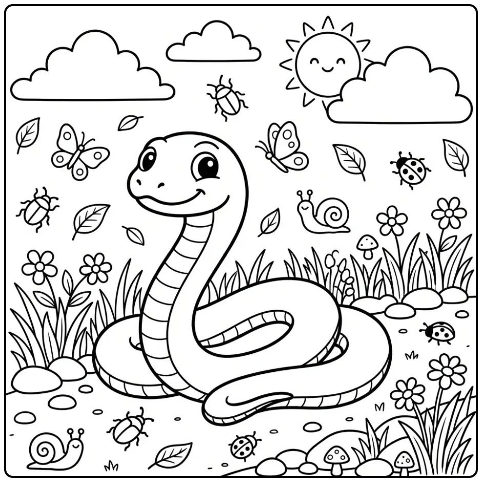 Schattige westerse zweepslang als kleurplaat slang buiten.