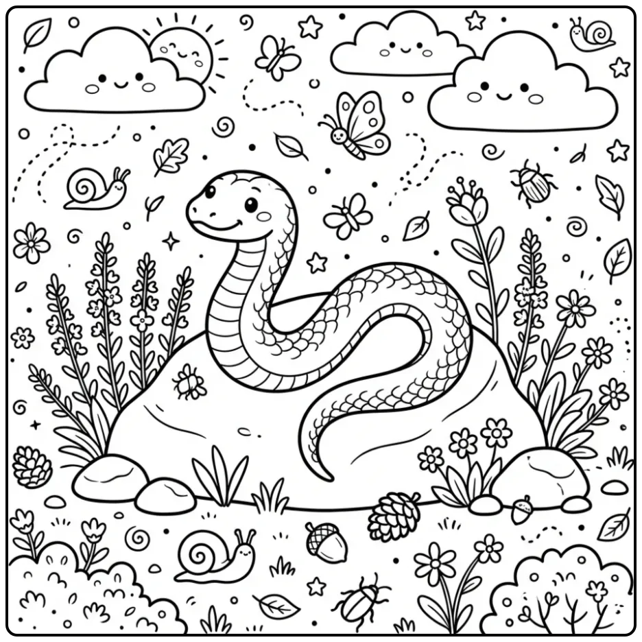 Schattige kleurplaat slang liggend op een steen in de heide.