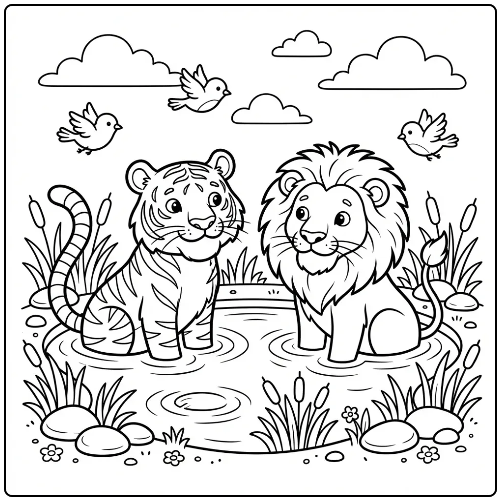 Schattige kleurplaat tijger en leeuw bij een drinkplaats.