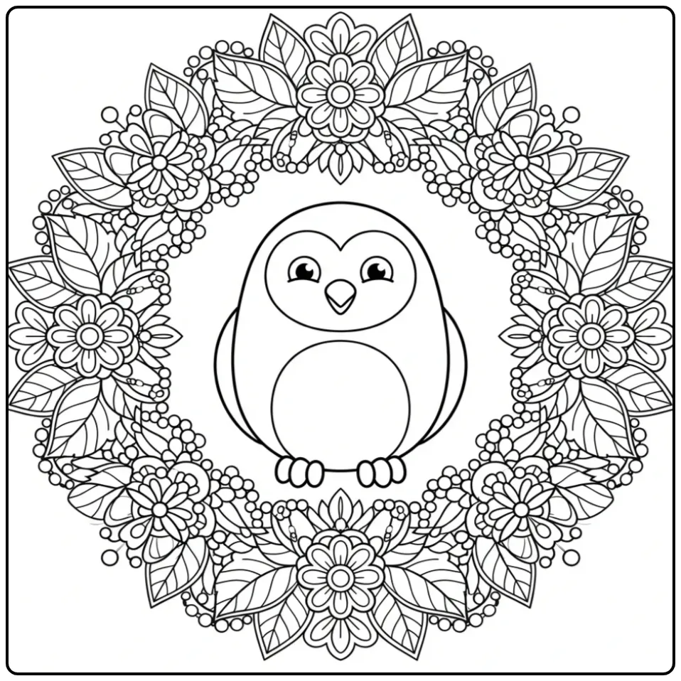 Schattige kleurplaat uil mandala met bloemen en bladeren.