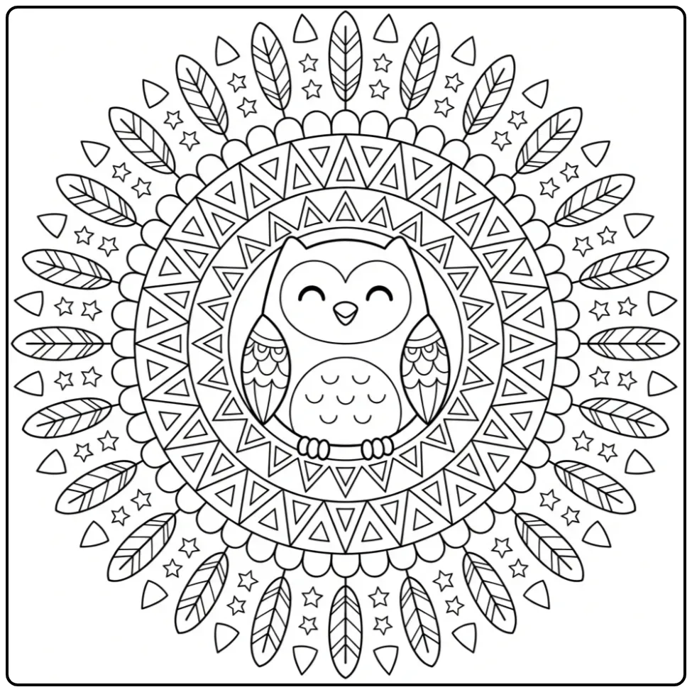 Schattige kleurplaat uil mandala met een lachende uil.