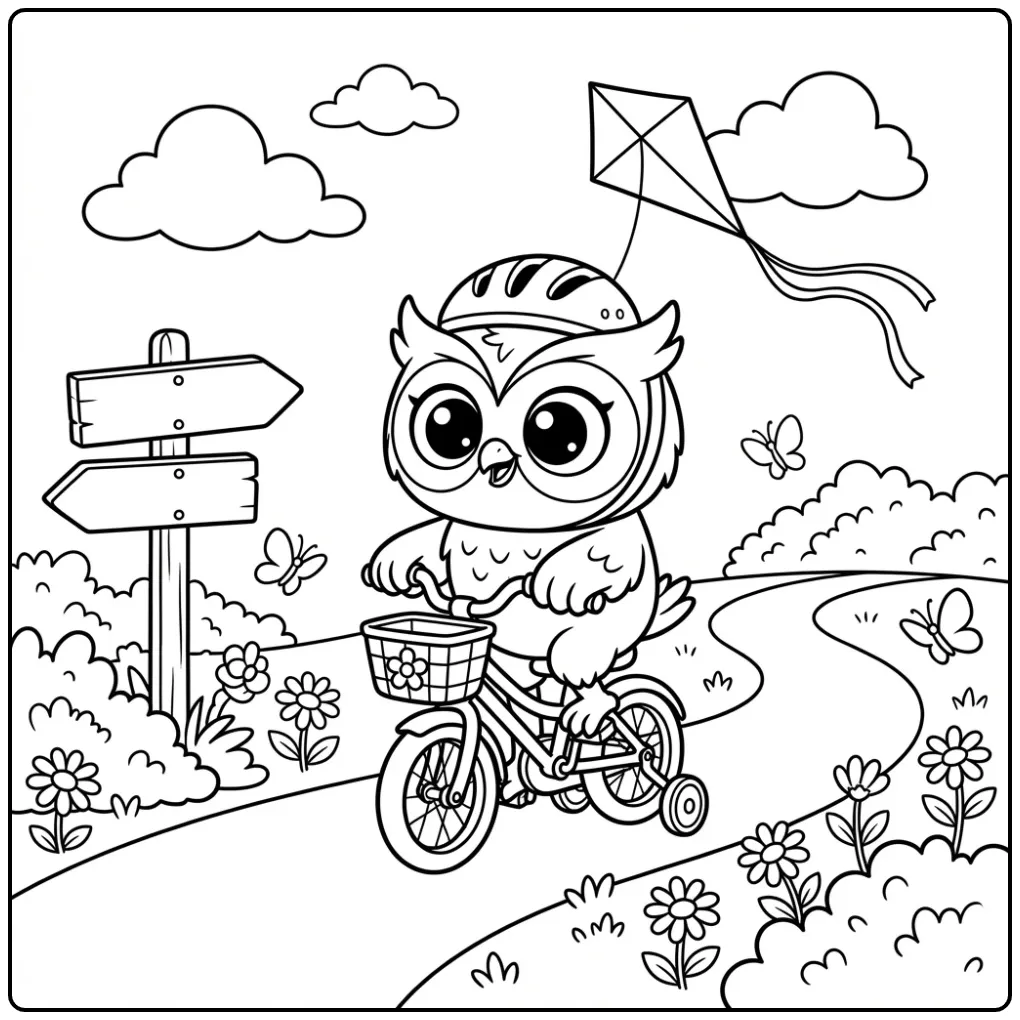 Schattige kleurplaat uil op een fiets in het park.