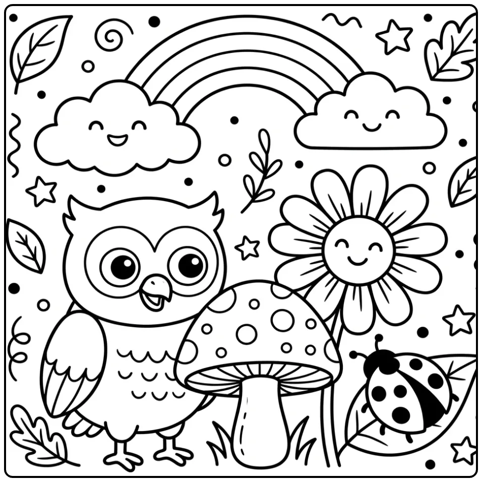 Leuke kleurplaat uil peuters met bloem en regenboog.