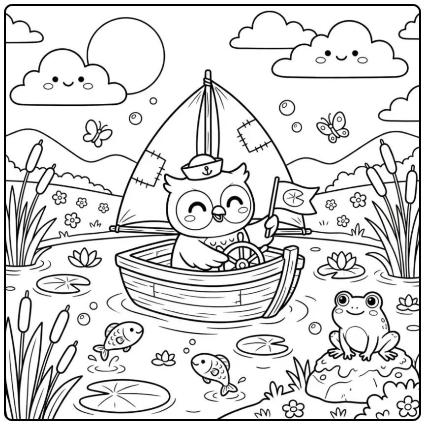 Schattige kleurplaat uil als kapitein op een klein bootje.