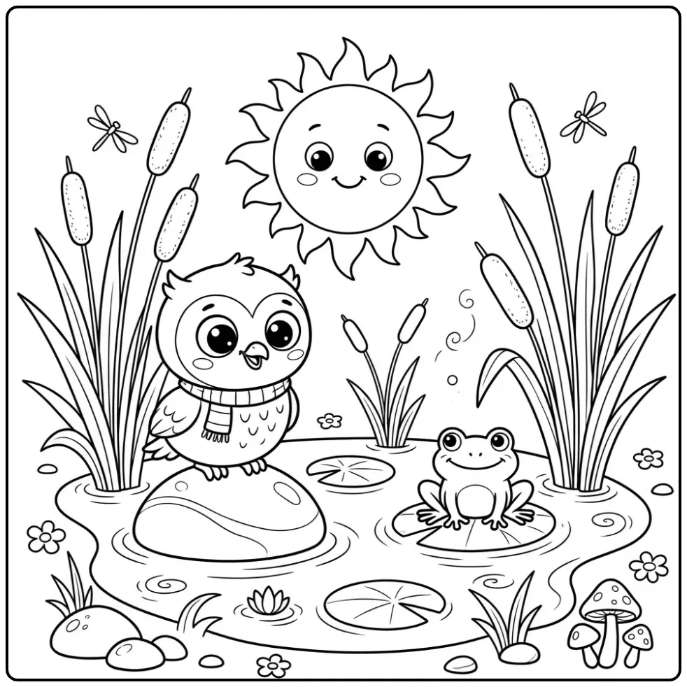 Schattige kleurplaat uiltje met sjaal op een steen.