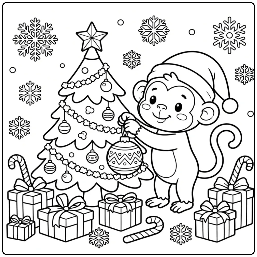 Kleurplaat van een aap voor Kerstmis die een bal ophangt.