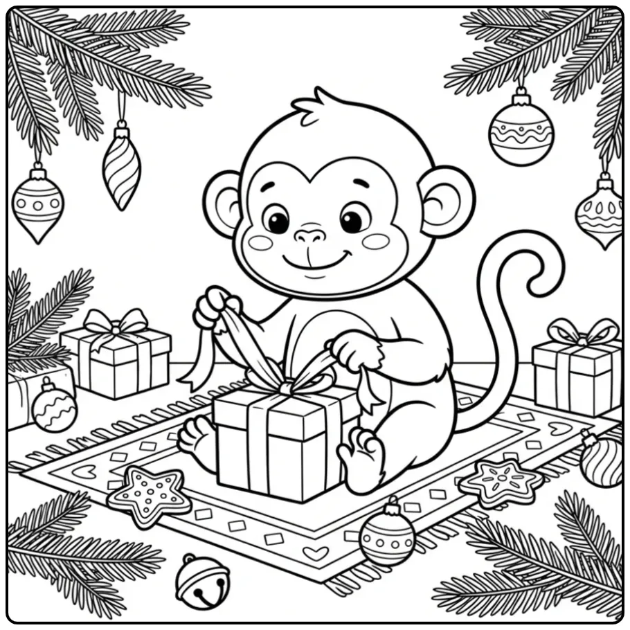 Kleurplaat van een aap voor Kerstmis die een cadeau inpakt.