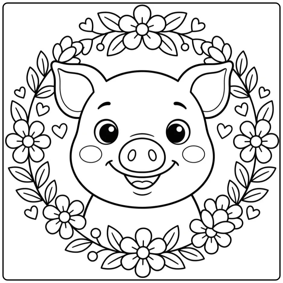 Schattige kleurplaat varken hoofd met bloemen en hartjes.