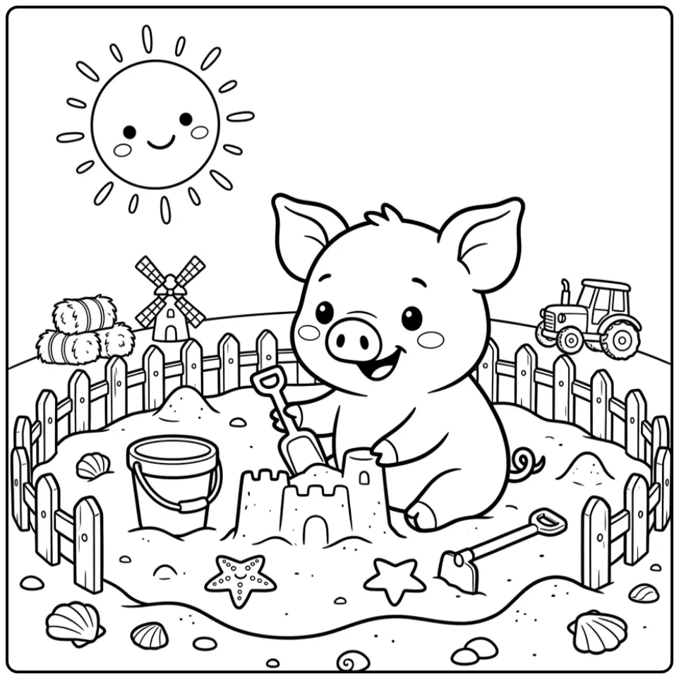 Speels biggetje bouwt zandkasteel op deze kleurplaat varken.