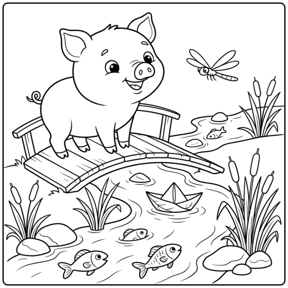 Schattig kleurplaat varken op een bruggetje bij de beek.