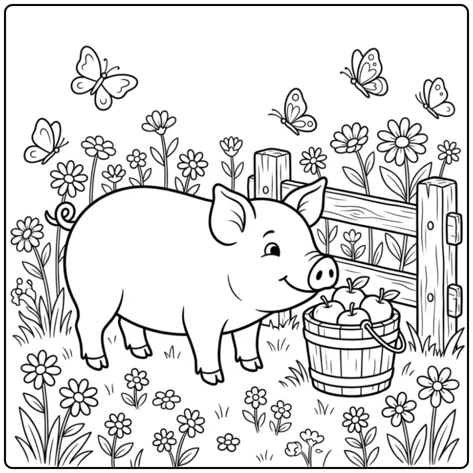 Schattige kleurplaat varken snuffelt aan appels bij een hek.
