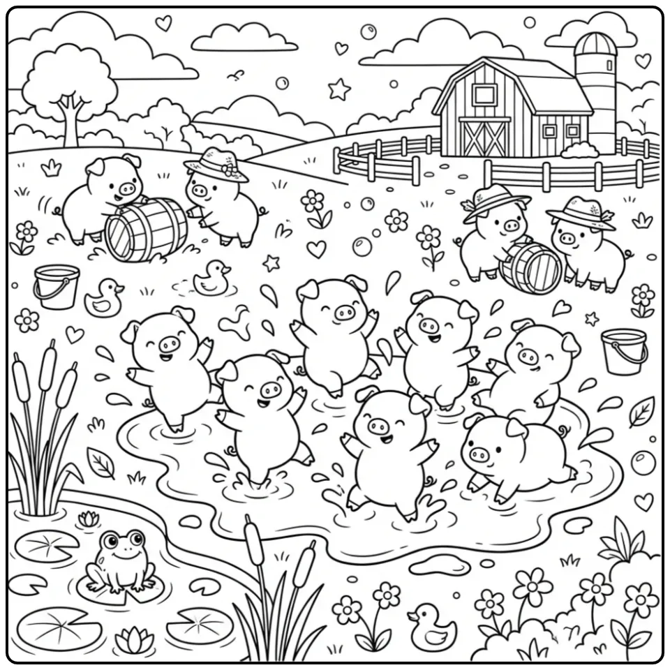 Schattige kleurplaat varkens spelen samen in de modder.