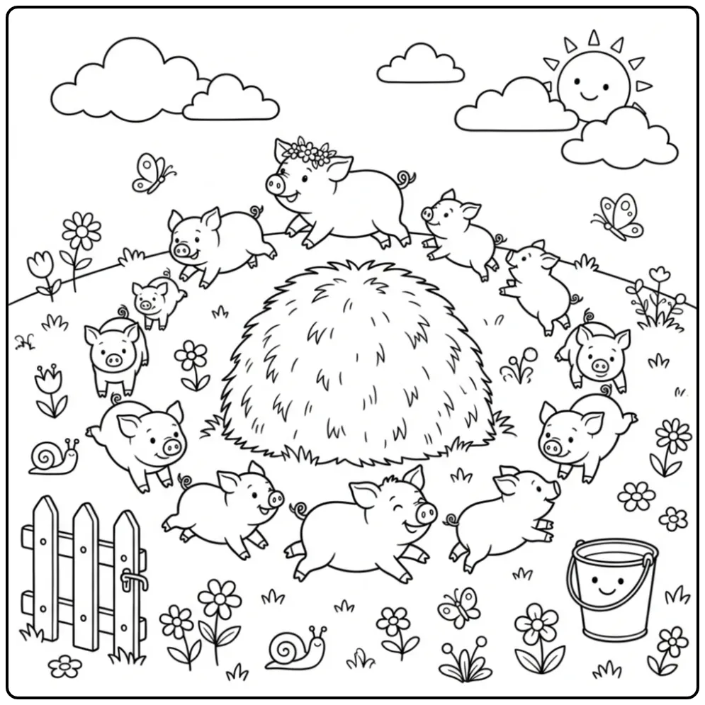 Schattige kleurplaat varkens spelend rond een hooibaal.
