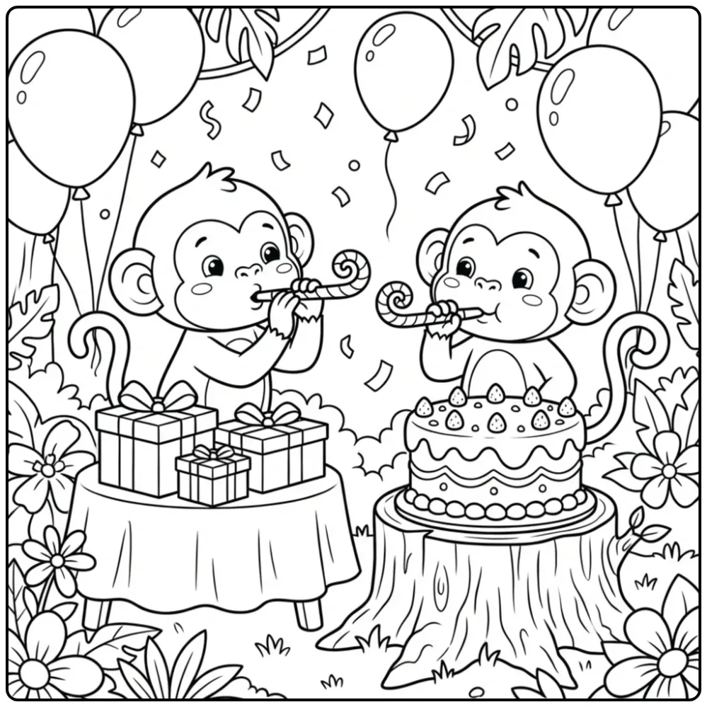 Leuke kleurplaat verjaardag aap met twee feestende aapjes.
