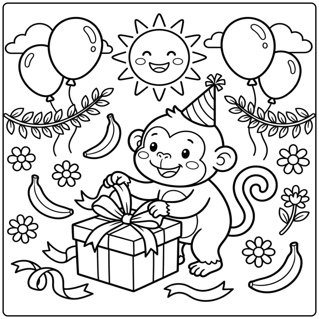Schattige kleurplaat verjaardag aap met cadeau en bananen.
