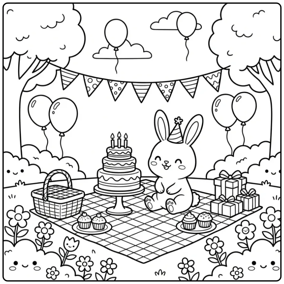 Schattige kleurplaat verjaardag konijn met taart en feest.