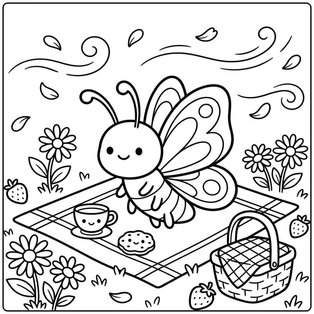 Kleurplaat vlinder bij een gezellige picknick met thee.