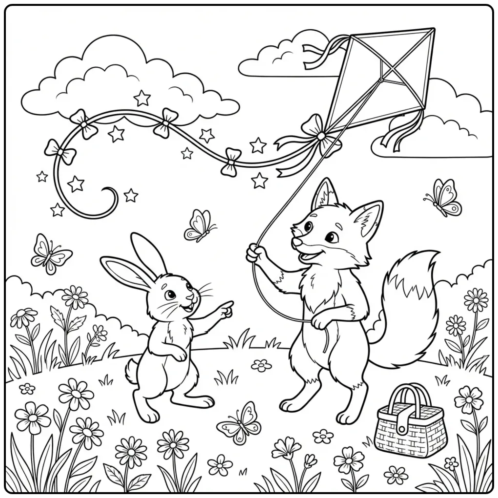 Schattige kleurplaat vos en haas vliegeren in de wei.