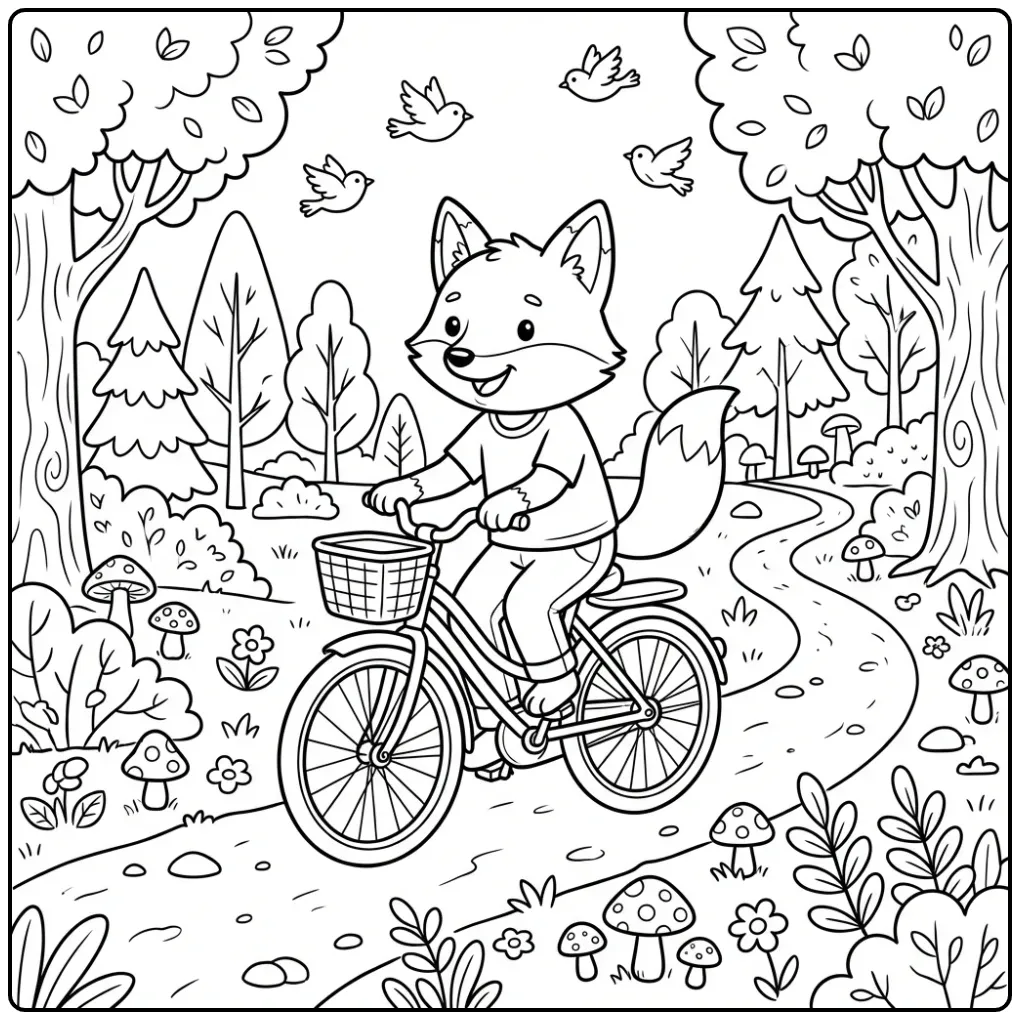 Schattige kleurplaat vos fietsend over een bospad met bomen.