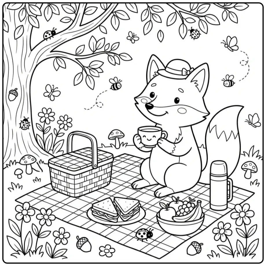 Een leuke kleurplaat vos die picknickt met fruit en broodjes.