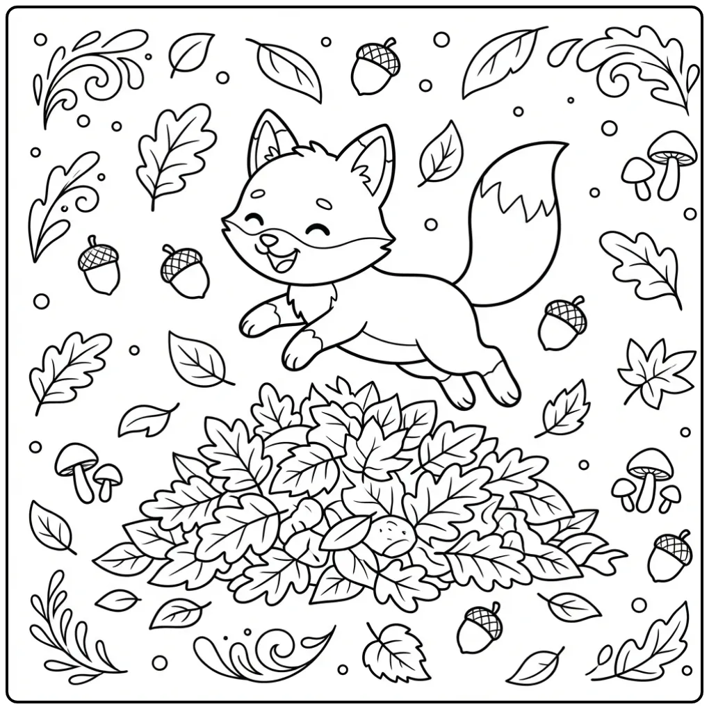 Schattige kleurplaat vosje springend in herfstbladeren