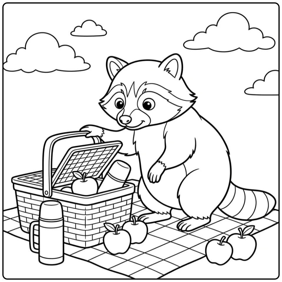 Schattige kleurplaat wasbeer snuffelt in een picknickmand.