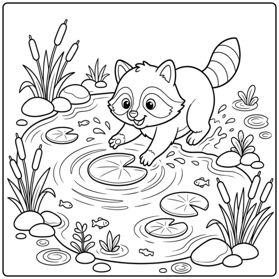 Speels kleurplaat wasbeertje bij een vijver met waterlelies.