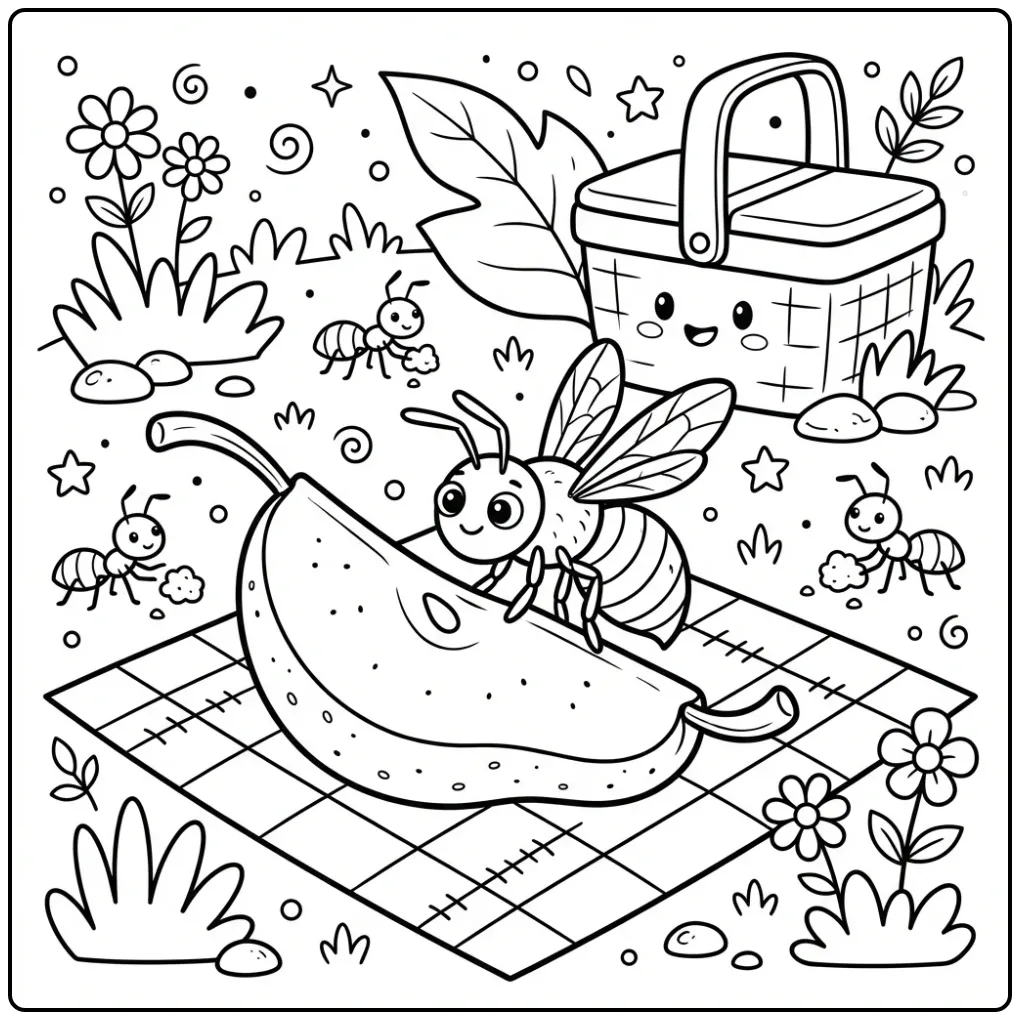 Kleurplaat wesp op een stukje peer tijdens een picknick.