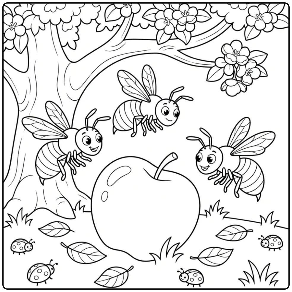 Schattige kleurplaat wesp met drie wespen en een appel