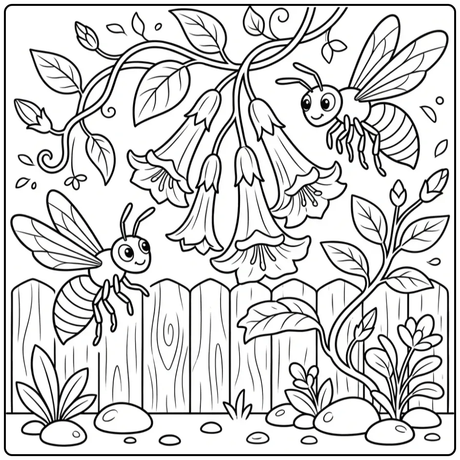 Cartoon kleurplaat wesp die nectar verzamelt uit bloemen.