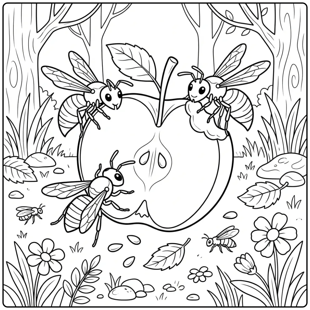 Een schattige kleurplaat wesp met vriendjes op een appel.