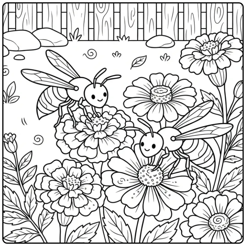Leuke kleurplaat wesp zoekend naar stuifmeel op bloemen.