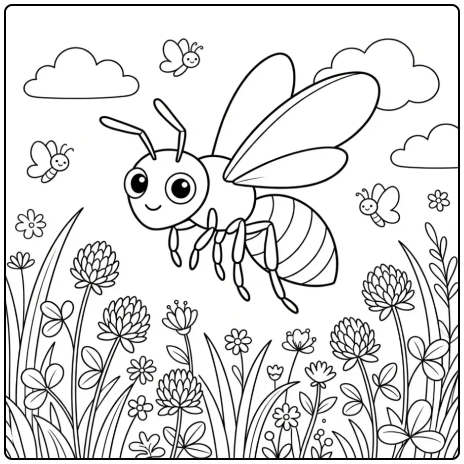 Leuke kleurplaat wesp vliegend boven bloemen en gras.