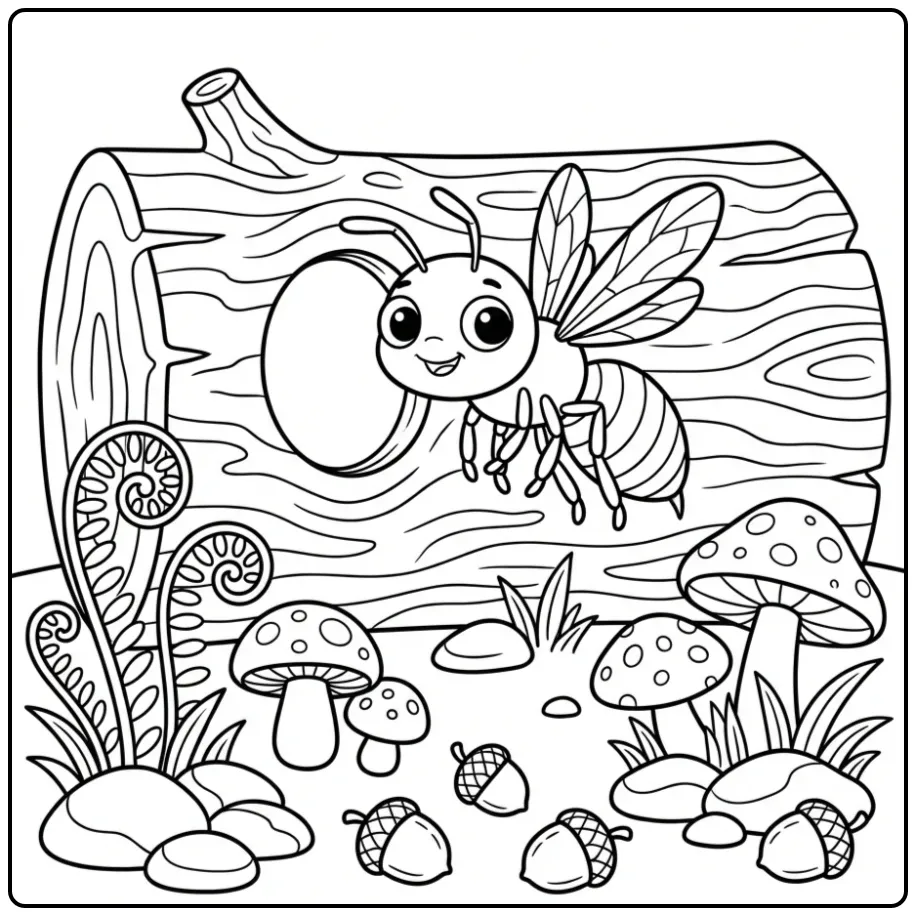 Een schattige kleurplaat wesp bij een holle boomstam.