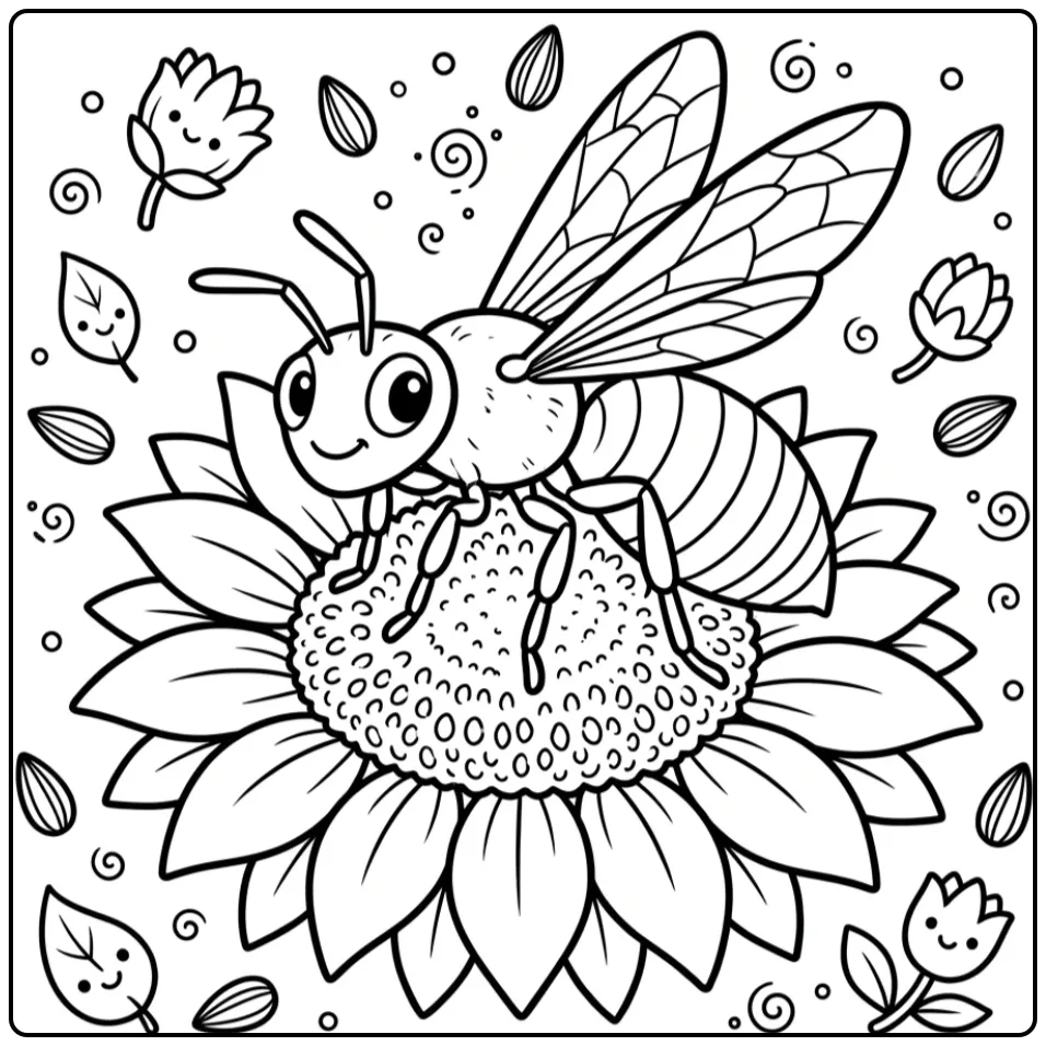 Een schattige kleurplaat wesp op een zonnebloem.