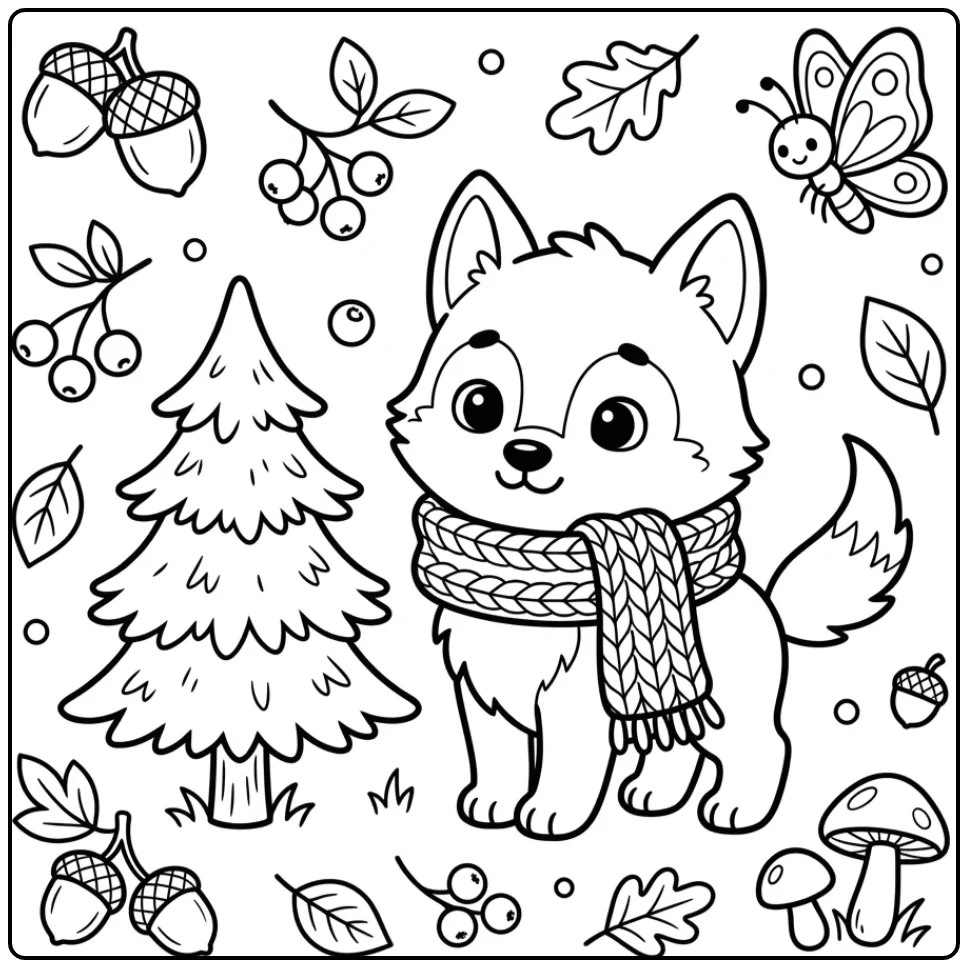 Schattige kleurplaat wolfje met sjaal en vlinder in het bos.