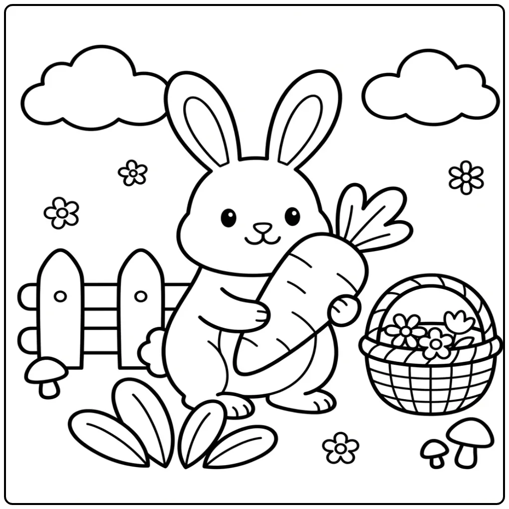 Eenvoudige konijn kleurplaat peuter met wortel en hekje.