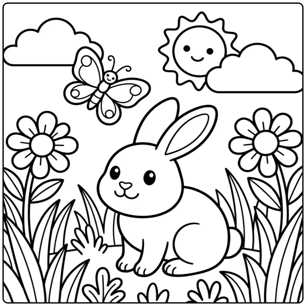 Eenvoudige konijn kleurplaat peuter met bloemen en vlinder.