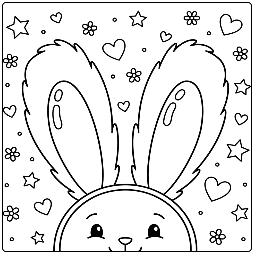 Schattige konijnenoren kleurplaat met sterren en hartjes.