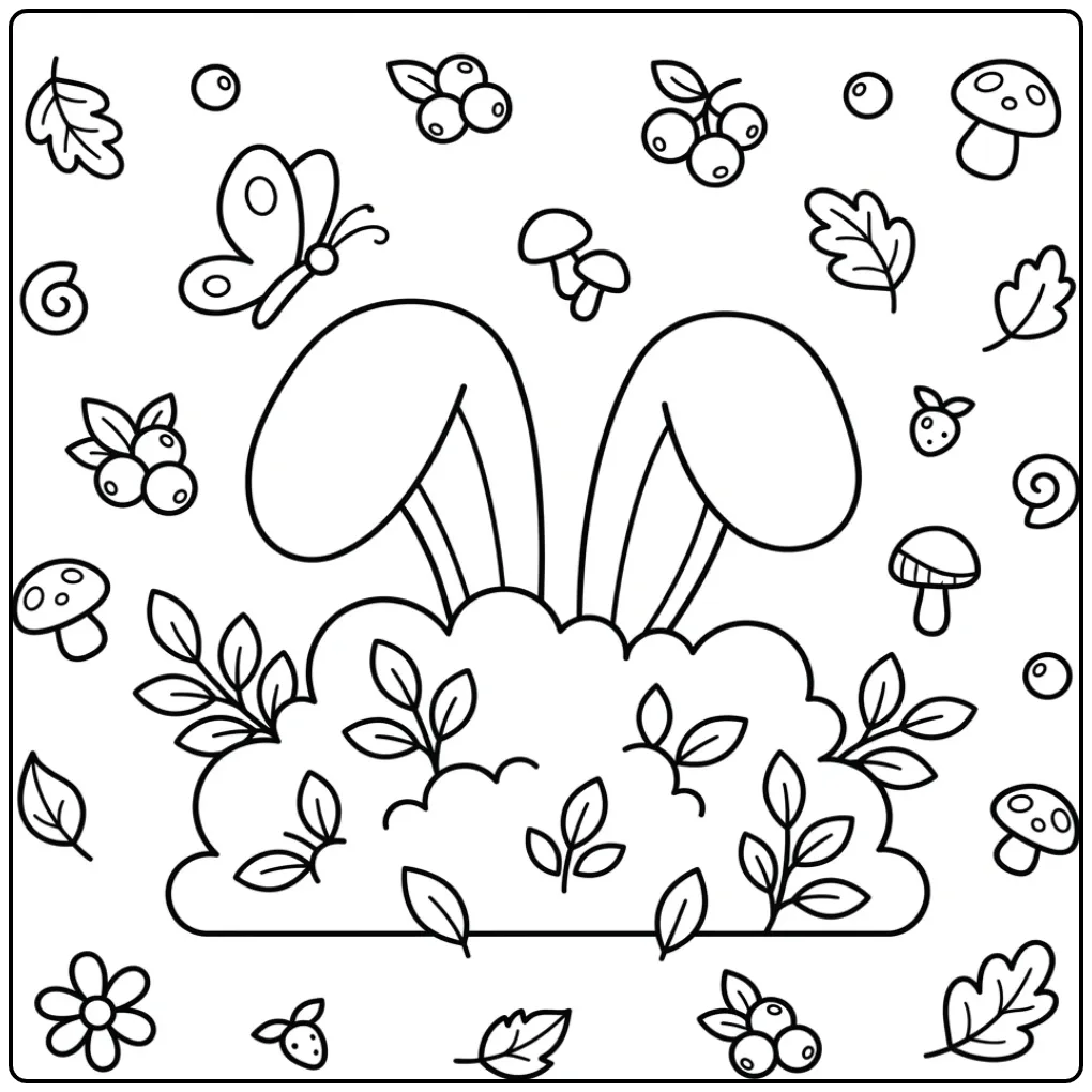 Schattige konijnenoren kleurplaat achter een struik met besjes.