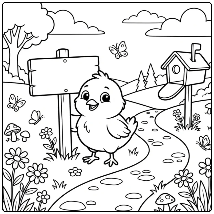 Schattige kuiken kleurplaat met wegwijzer en bloemen.