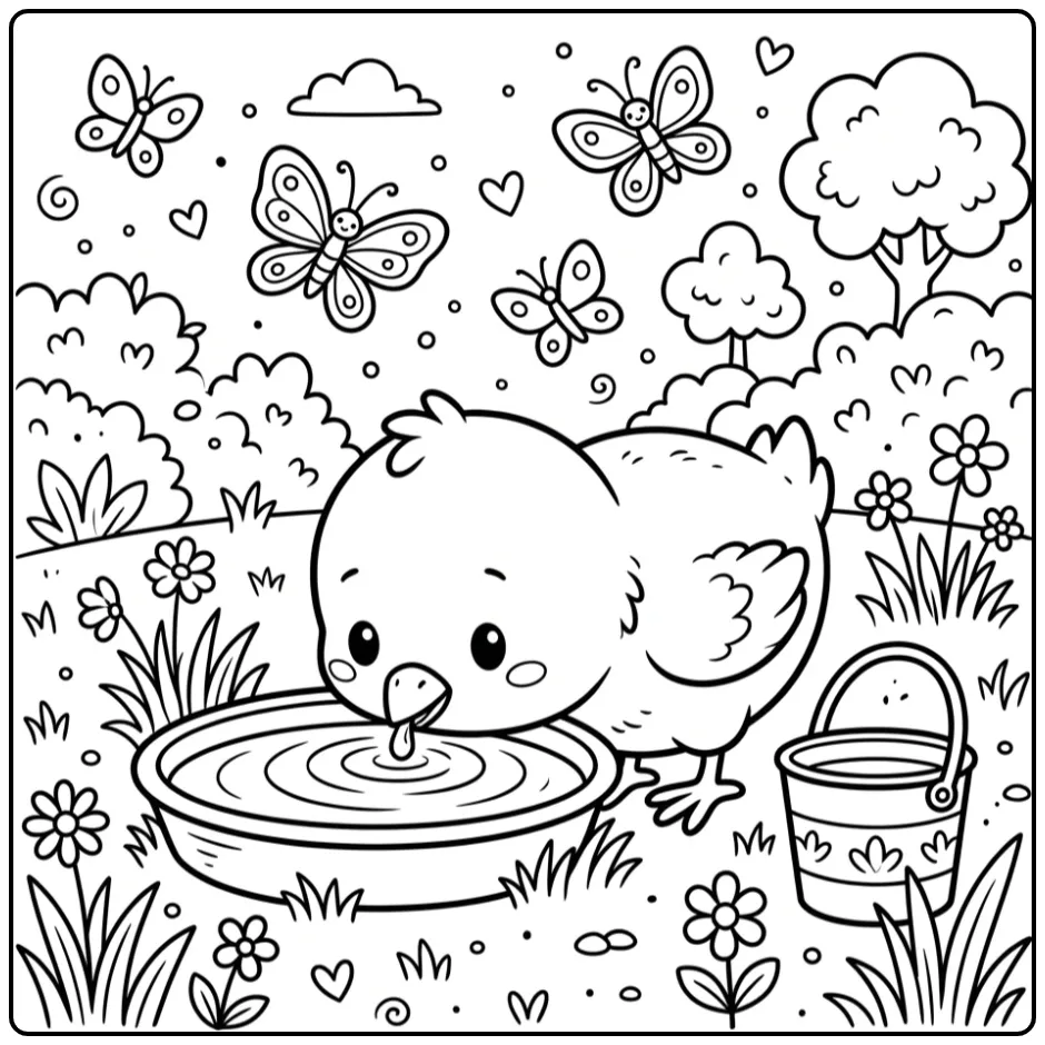 Een schattige kuiken kleurplaat drinkend uit een waterbakje.