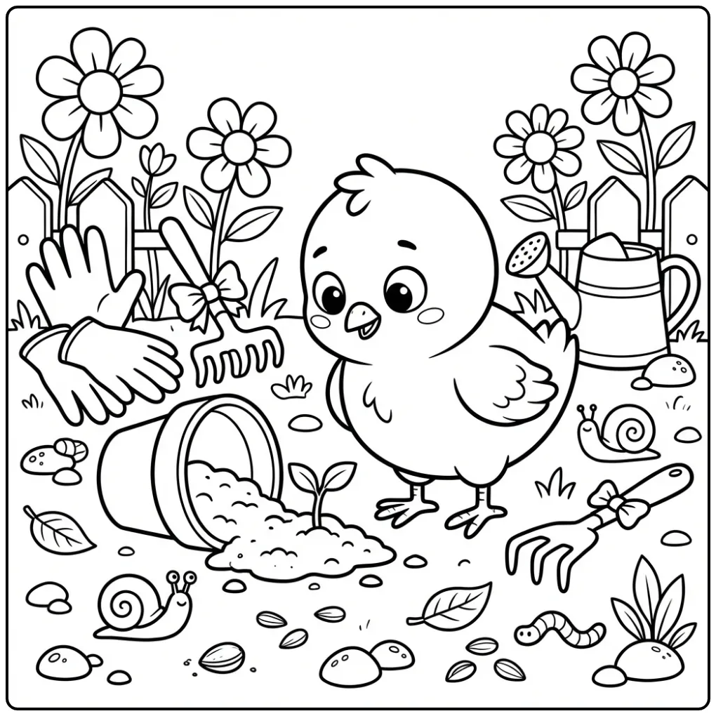 Schattige kuiken kleurplaat met een omgevallen bloempot.