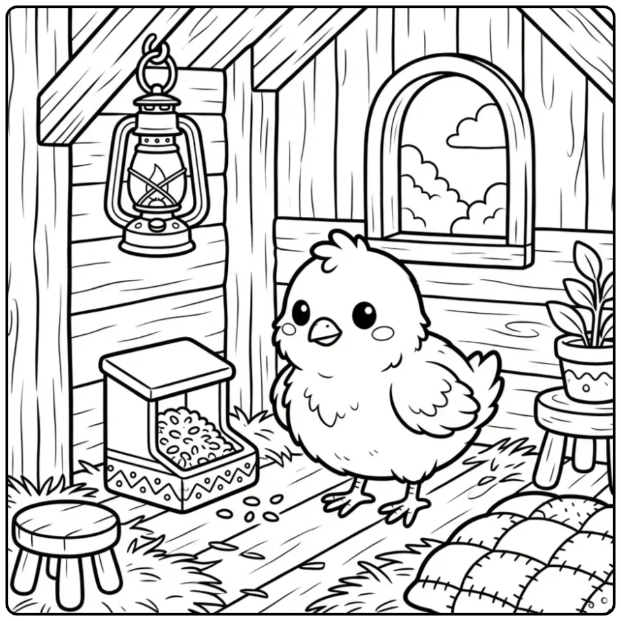 Een schattige kuiken kleurplaat in een hok met voerbak.